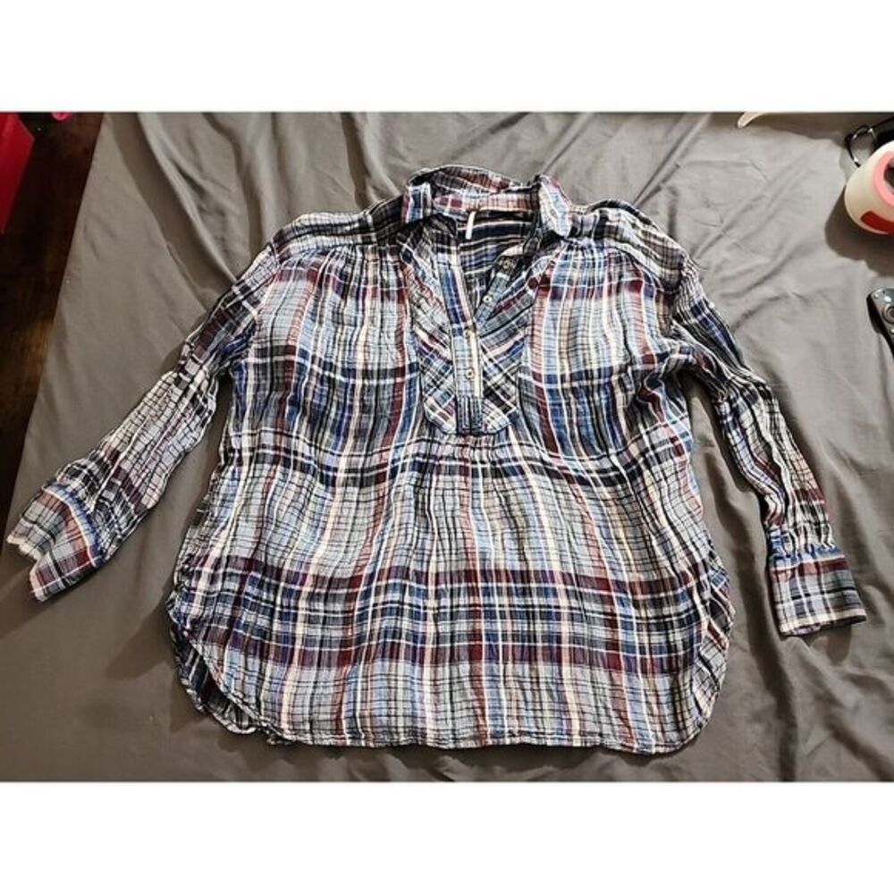 Free People Blue‎ Pink Plaid Patchwork Hooded Popover Blouse Top Size XS
